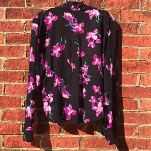 Black and Purple Floral Print Free Press Long Sleeve V-Neck Collared Blouse - Picture 15 of 15